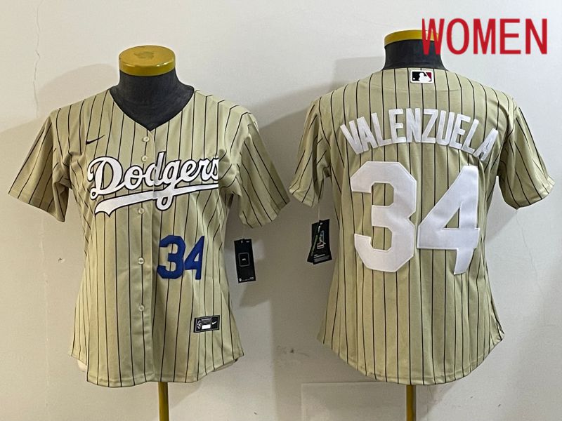 Women Los Angeles Dodgers 34 Valenzuela Green Stripe Game 2024 Nike MLB Jersey style 3